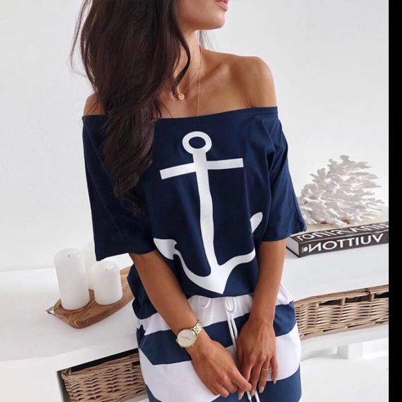 2 piece maxi skirt / t shirt striped anchor print size small - Picture 5 of 15